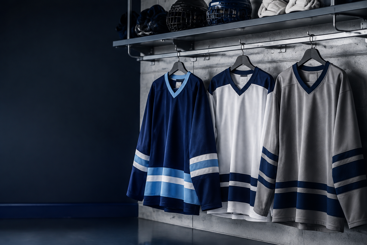 AI-created hockey jersey design concepts in a rink locker room