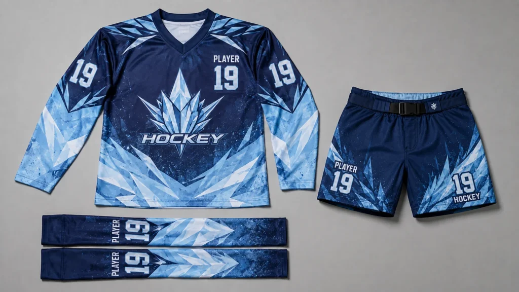 Coordinated sublimated hockey jersey, pant shell and footless socks — custom design concepts
