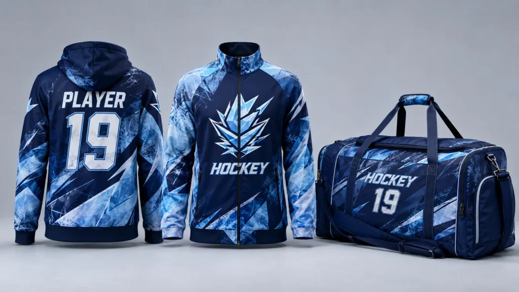 Full-sublimation hockey hoodie, team jacket and equipment bag — custom design concepts