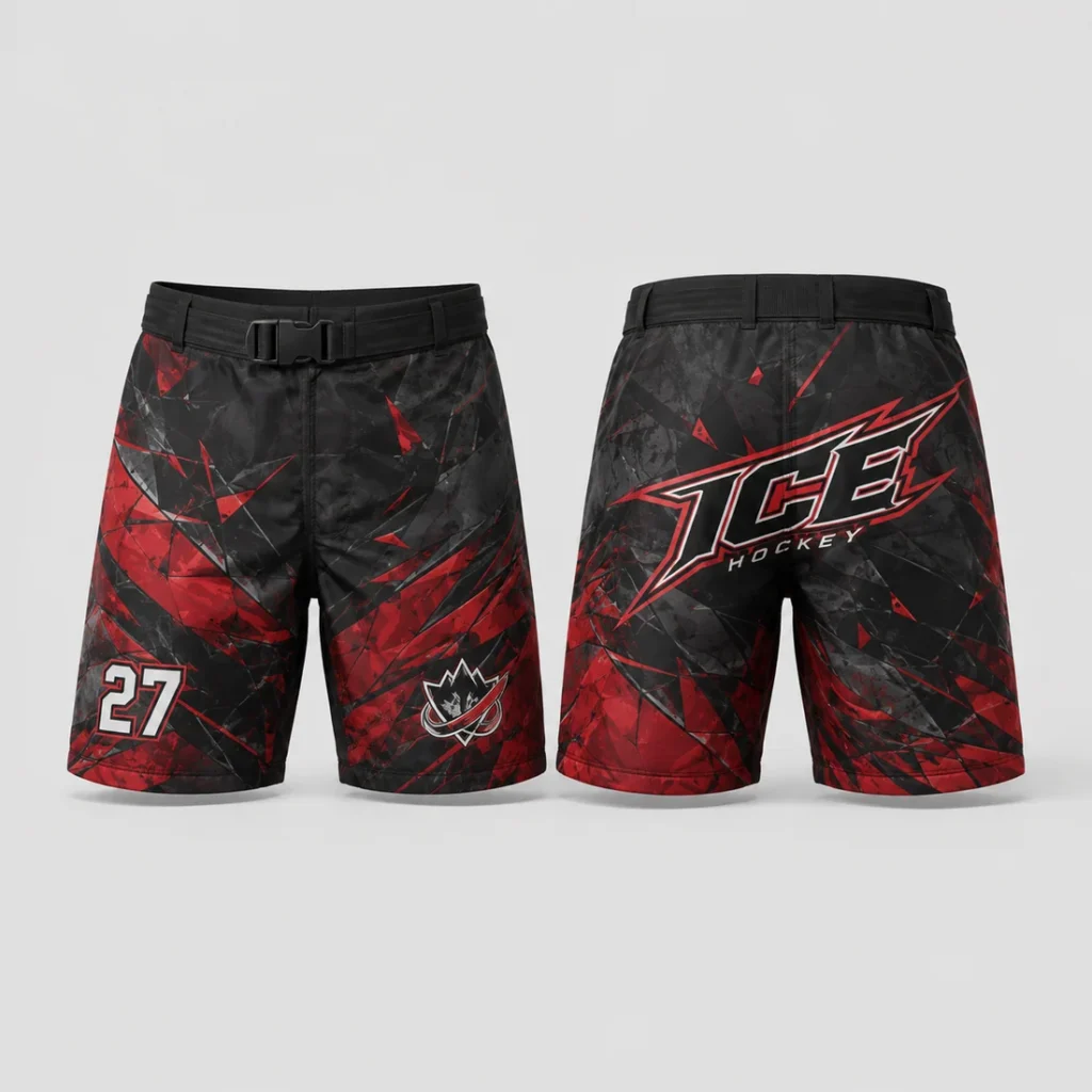 Custom Black & Red Hockey Pant Shell full-sublimation design concept, front and back