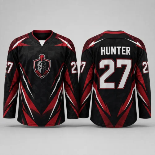 ihw-hunter-27-sublimated-hockey-jersey HUNTER 27 black red white full sublimation hockey jersey front and back