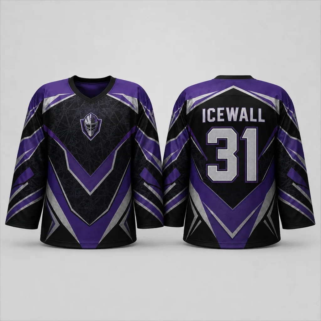 ICEWALL 31 purple black silver full sublimation goalie jersey front and back