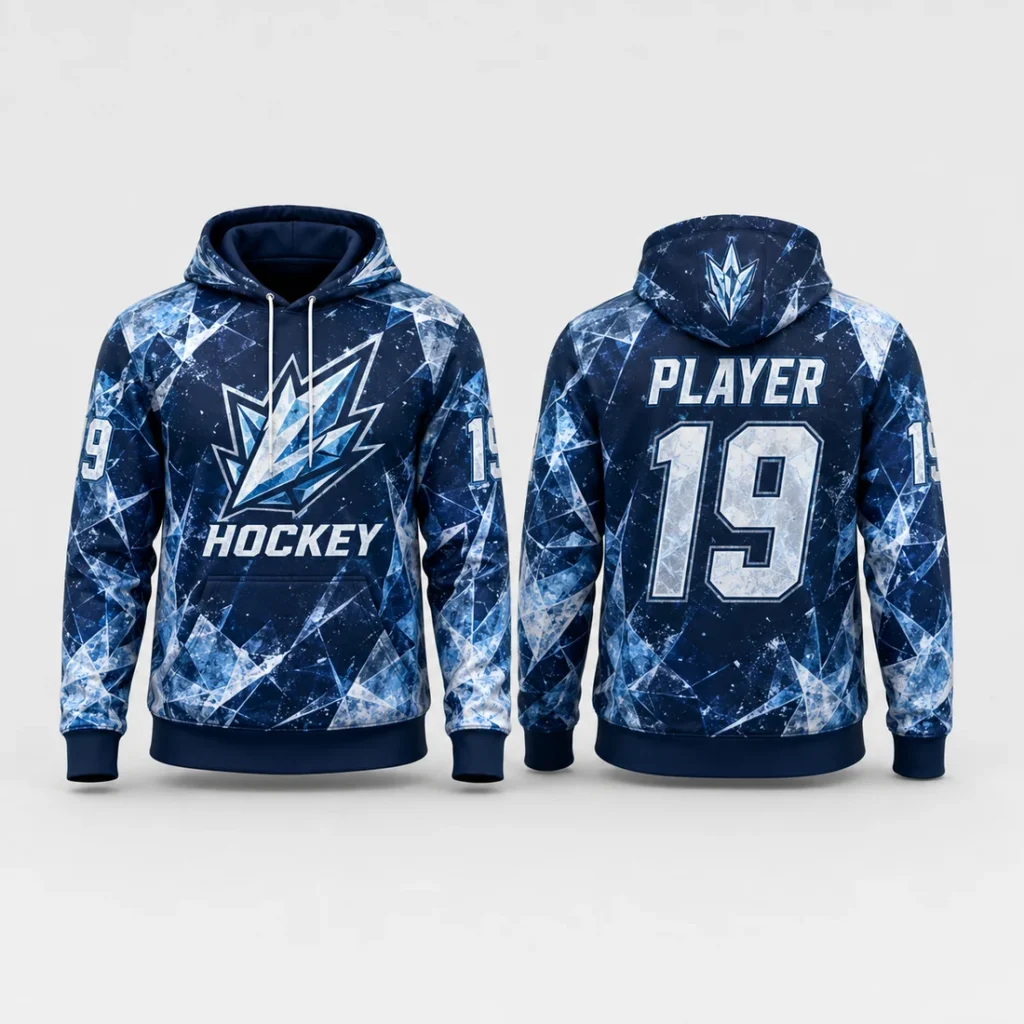 Custom Navy & Ice Blue Hockey Hoodie full-sublimation design concept, front and back