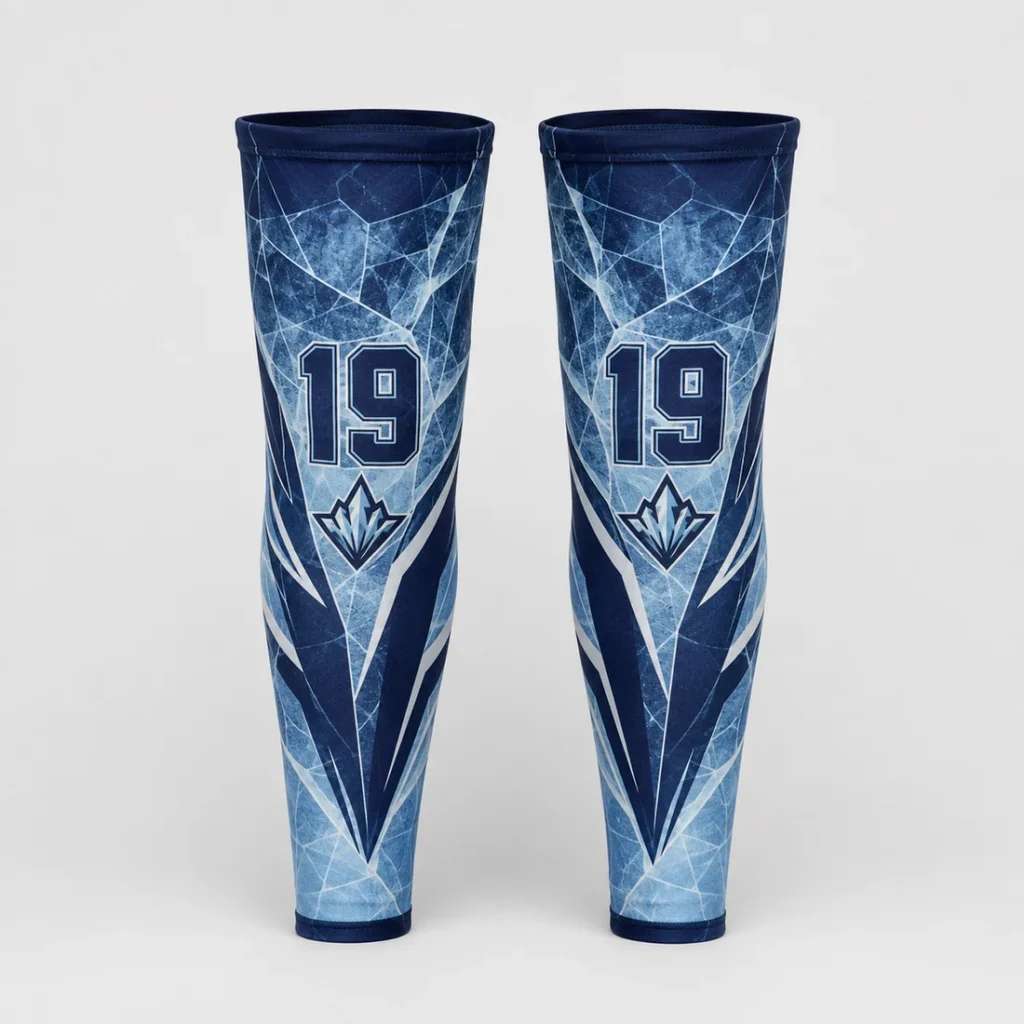 Custom Navy & Ice Blue Hockey Socks full-sublimation design concept, footless shin-guard cover pair