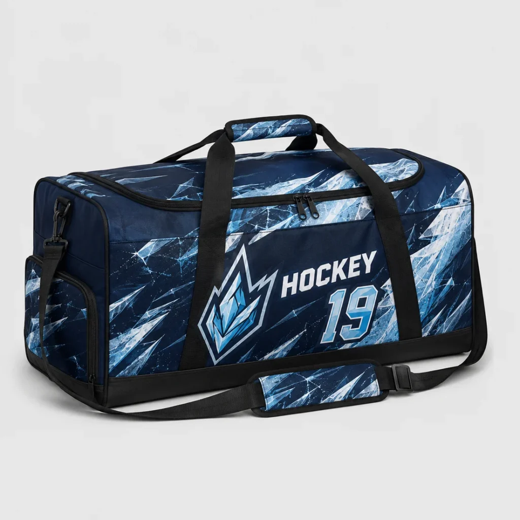 Custom Navy & Ice Blue Hockey Team Bag full-sublimation design concept, equipment duffel three-quarter view