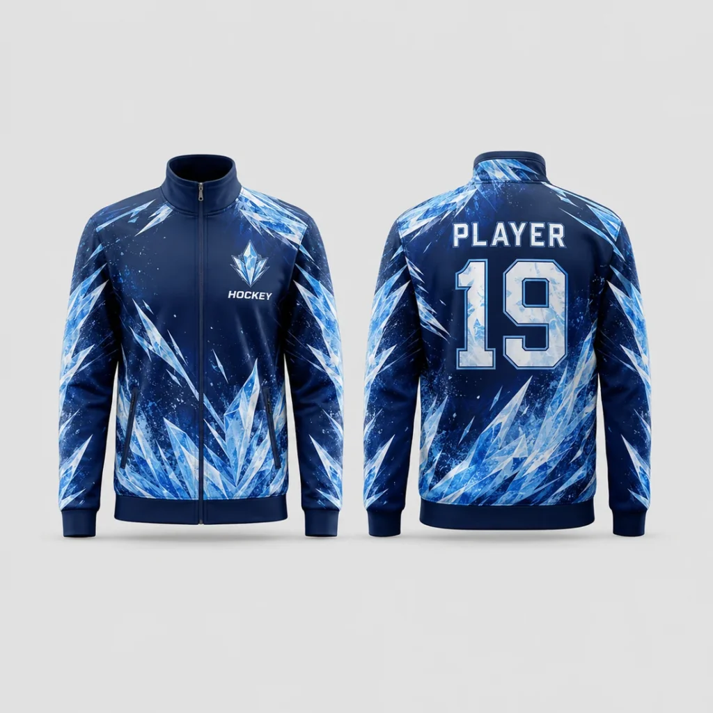 Custom Navy & Ice Blue Hockey Team Jacket full-sublimation design concept, front and back