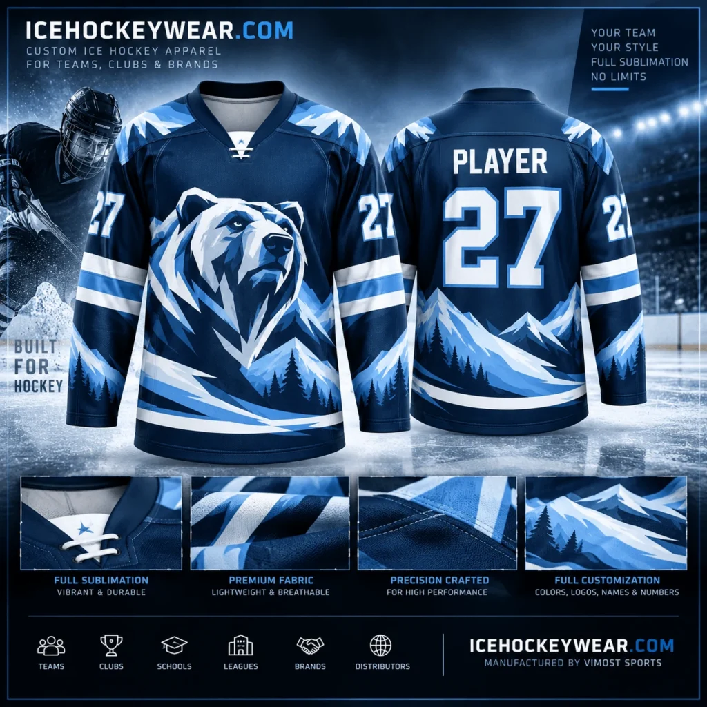 Navy & ice blue polar bear · 27 full-sublimation player hockey jersey artwork reference