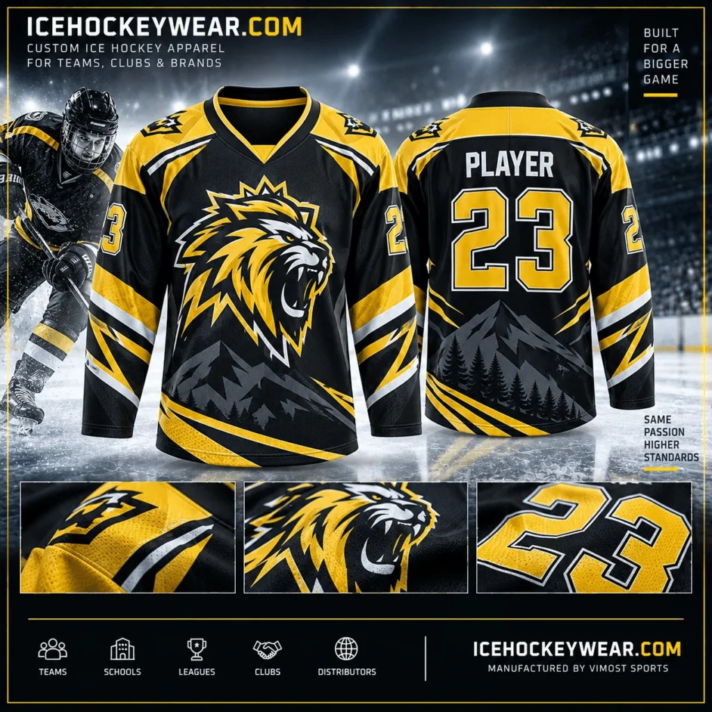 Black & gold lion · 23 full-sublimation player hockey jersey artwork reference