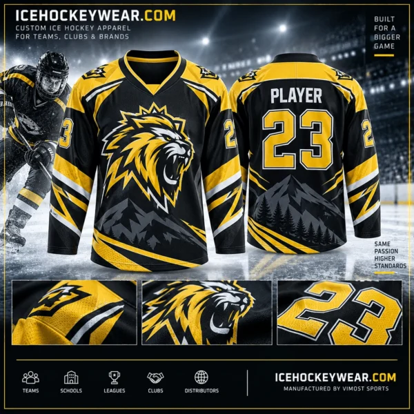 Black & gold lion · 23 Black & gold lion · 23 full-sublimation player hockey jersey artwork reference