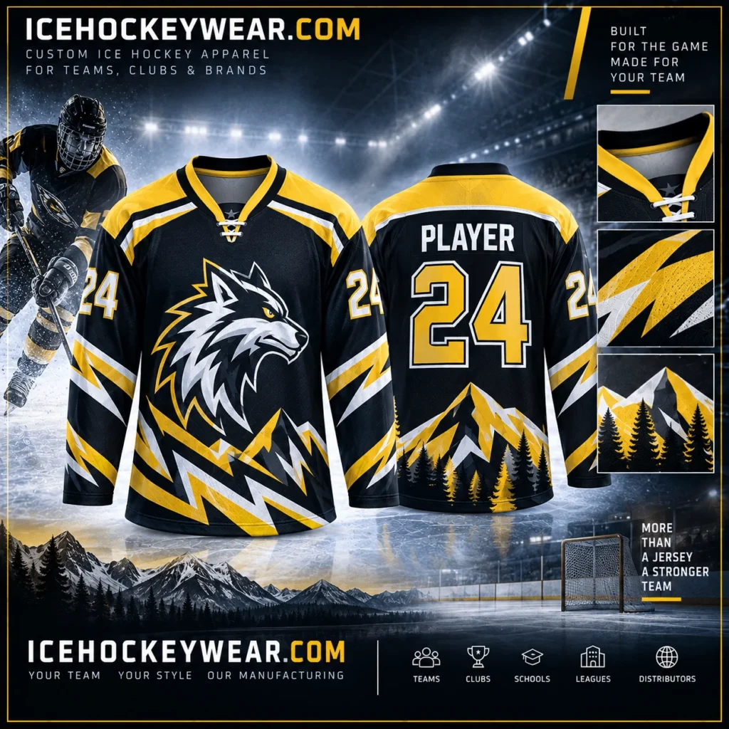 Black & gold wolf · 24 full-sublimation player hockey jersey artwork reference
