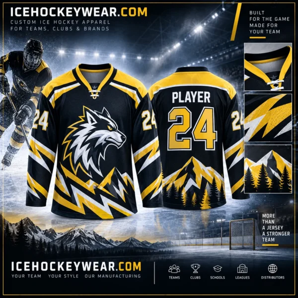 Black & gold wolf · 24 Black & gold wolf · 24 full-sublimation player hockey jersey artwork reference