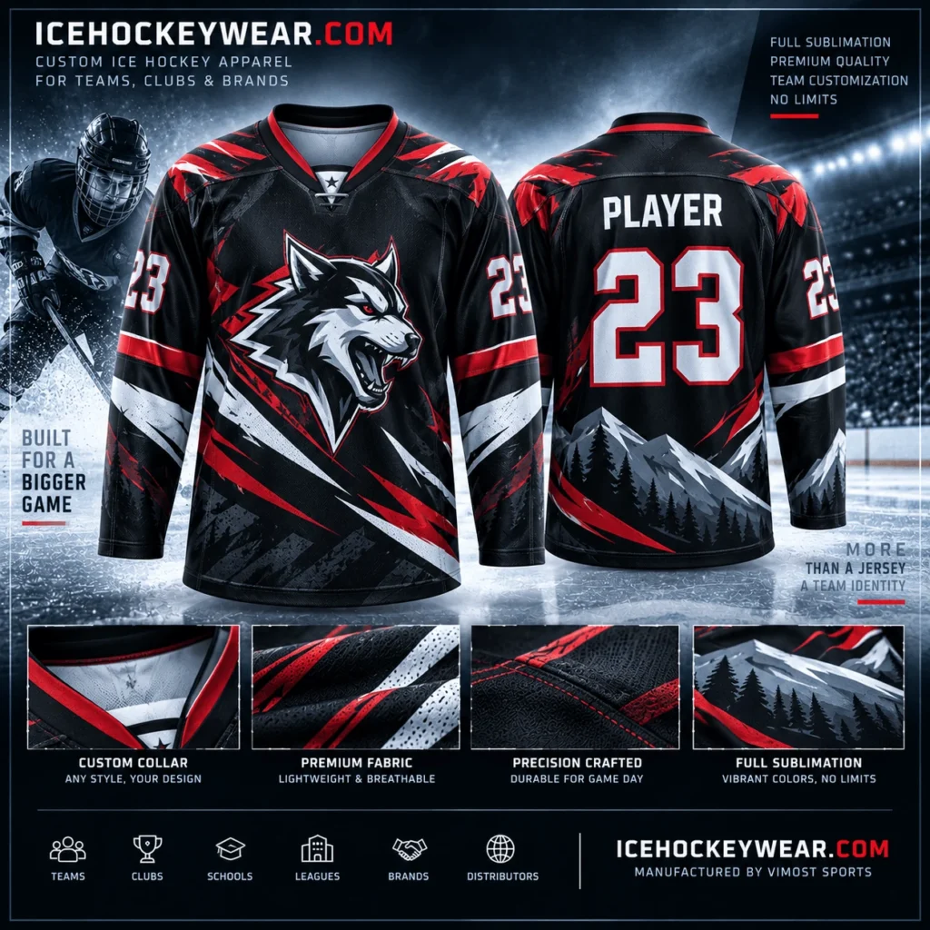 Black & red wolf · 23 full-sublimation player hockey jersey artwork reference
