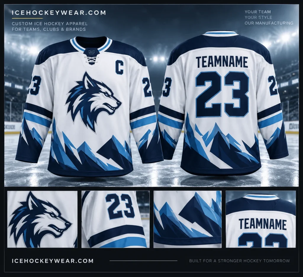 White & blue wolf · 23 full-sublimation player hockey jersey artwork reference