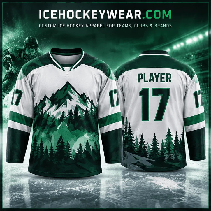 Green & white mountain · 17 full-sublimation player hockey jersey artwork reference