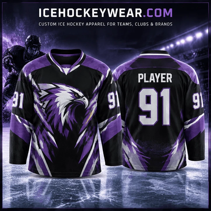 Purple & black eagle · 91 full-sublimation player hockey jersey artwork reference