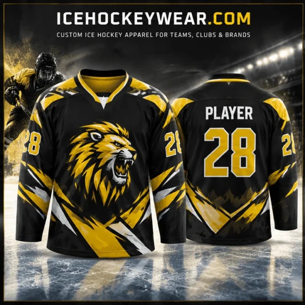 Black & gold lion · 28 Black & gold lion · 28 full-sublimation player hockey jersey artwork reference