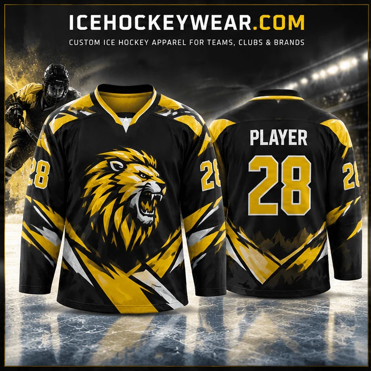 Black & gold lion · 28 full-sublimation player hockey jersey artwork reference