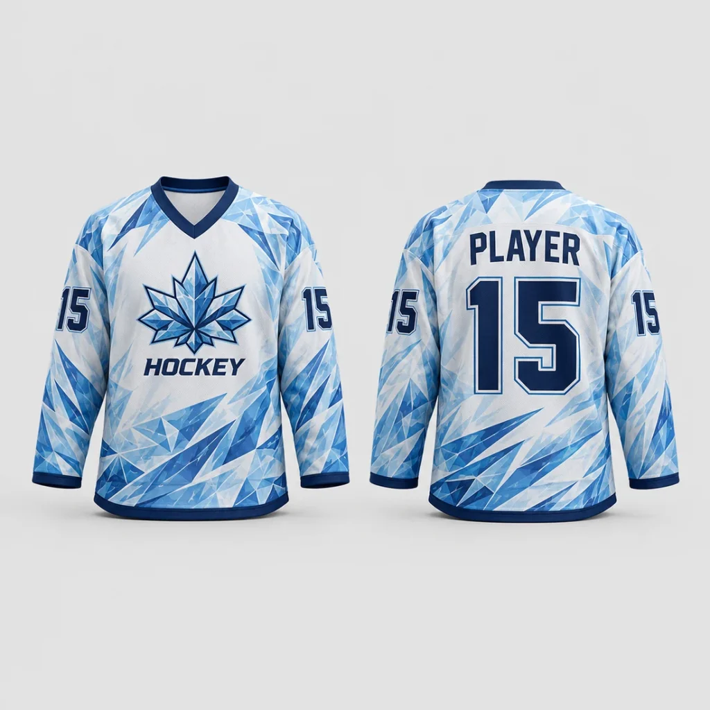Custom White & Ice Blue Youth Hockey Jersey full-sublimation design concept, front and back